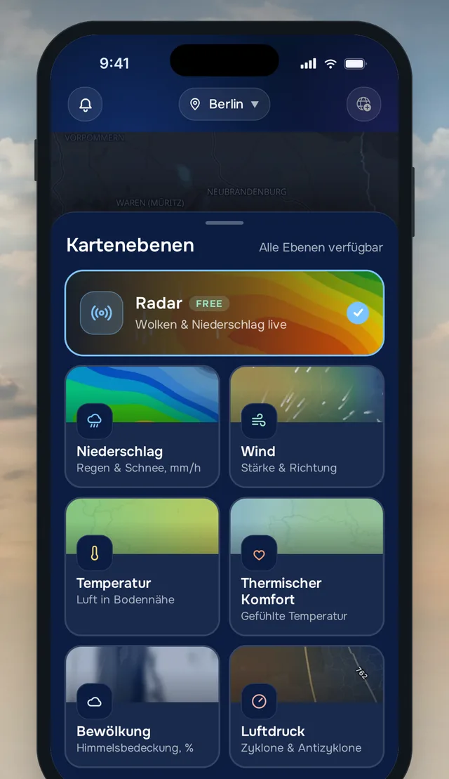 Kartenebenen in der Weather24-App: Niederschlag, Wind, Temperatur und Luftdruck mit Zyklonen und Antizyklonen