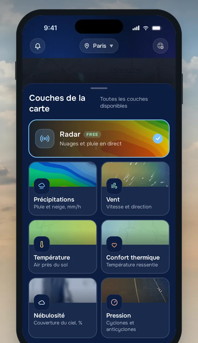 Couches de la carte dans l'appli Météo 24 : précipitations, vent, température et pression avec cyclones et anticyclones