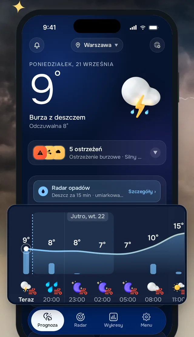 Ekran „Dziś” w aplikacji Pogoda 24: karta Radar opadów z informacją o deszczu za 15 minut i prognoza godzinowa