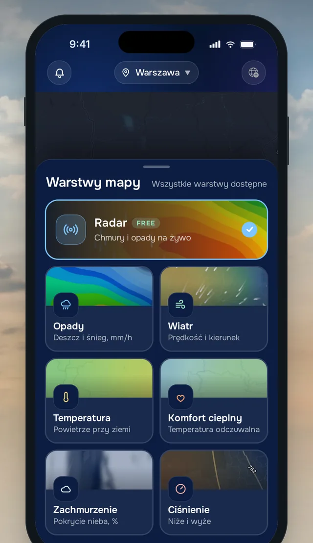 Warstwy mapy w aplikacji Pogoda 24: opady, wiatr, temperatura i ciśnienie z niżami i wyżami